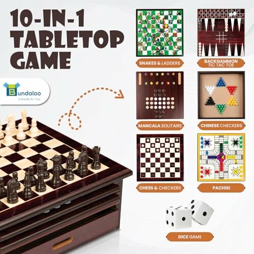 10-in-1 tabletop game set with chess, checkers, dice, and more.