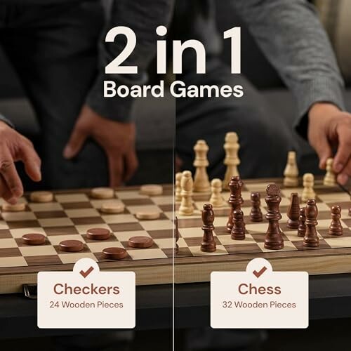 Two board games, checkers and chess, with labeled wooden pieces.