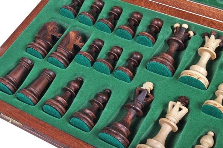 Elegant display of the Muba wooden chess set showcasing its intricate details.