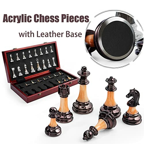 Acrylic chess pieces with leather base and wooden storage box.