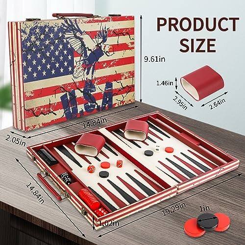 American flag-themed backgammon set with dimensions.