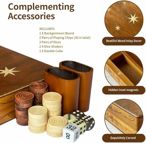 Backgammon set with board, chips, dice, dice shakers, and double cube.