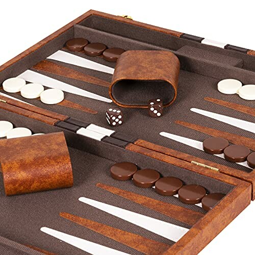 Open backgammon board with dice and pieces