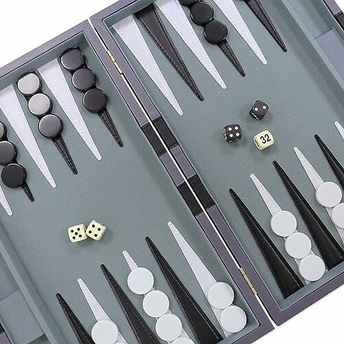 Backgammon board with pieces and dice.