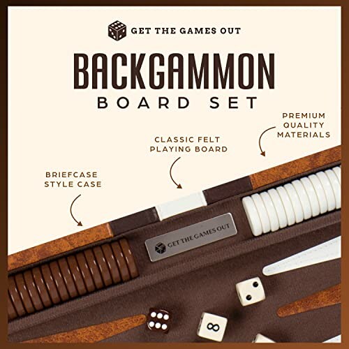 Backgammon board set with briefcase style case and premium materials.