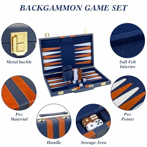 Backgammon game set with case, dice, and playing pieces.