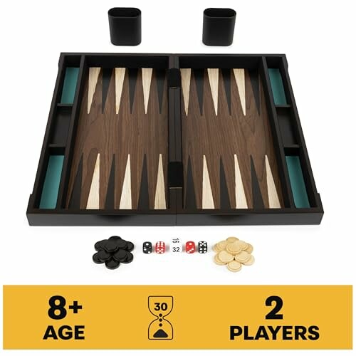 Backgammon game set with board, dice, and pieces, suitable for ages 8 and up, 2 players.