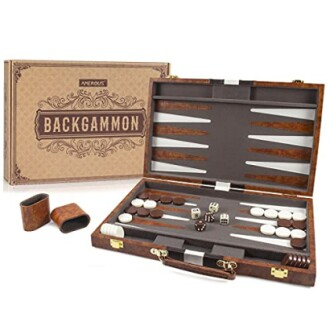 Backgammon set with open case showing board and pieces.