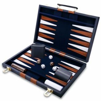 Open backgammon set with dice and pieces in a case.