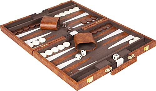 Open backgammon set with dice and checkers