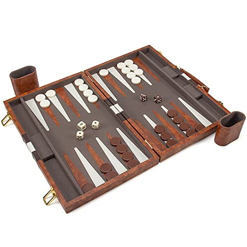 Open backgammon set with dice and checkers.