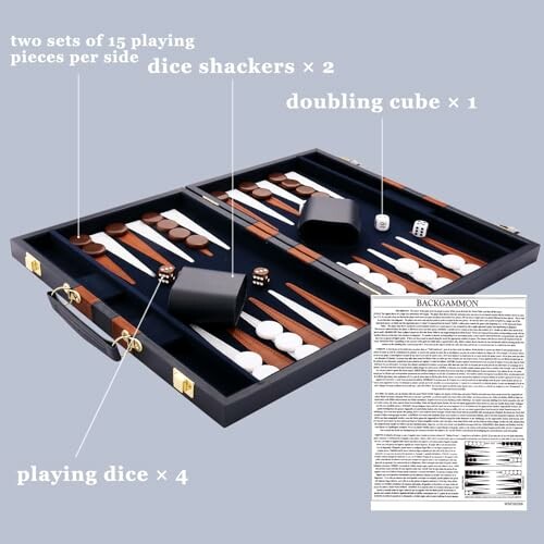 Open backgammon set with pieces, dice, dice shakers, and doubling cube.