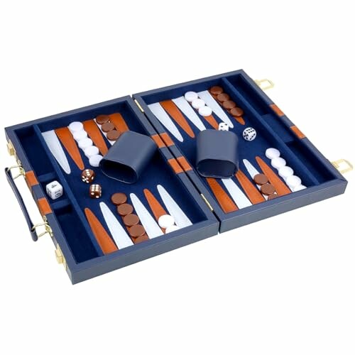 Open backgammon set with pieces and dice.