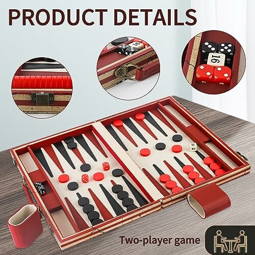 Backgammon set with red and black pieces, dice, and a carrying case.