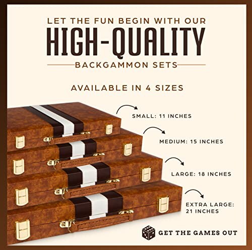 Stacked high-quality backgammon sets in four sizes.