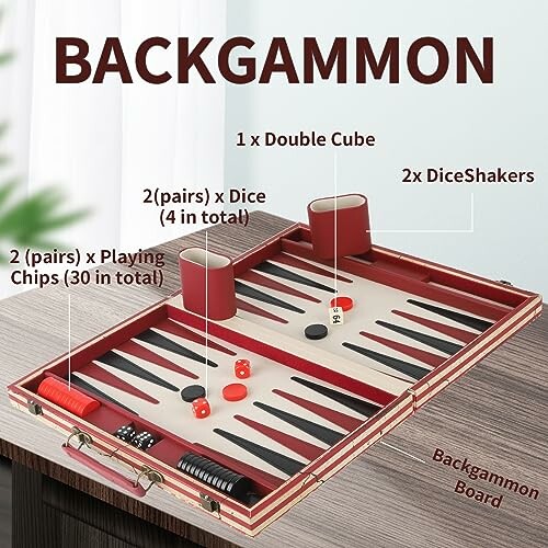 Backgammon set with board, dice, double cube, and chips.