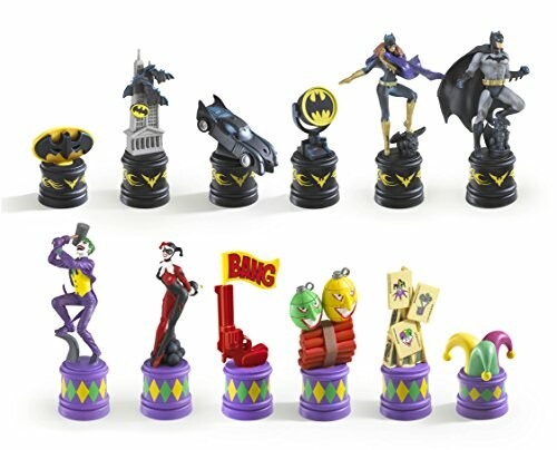 Batman-themed chess pieces with iconic characters and symbols.