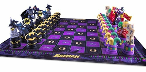 Batman-themed chess set with character pieces on a purple board.