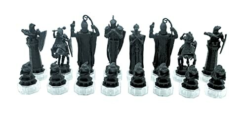 Black chess pieces with medieval design.