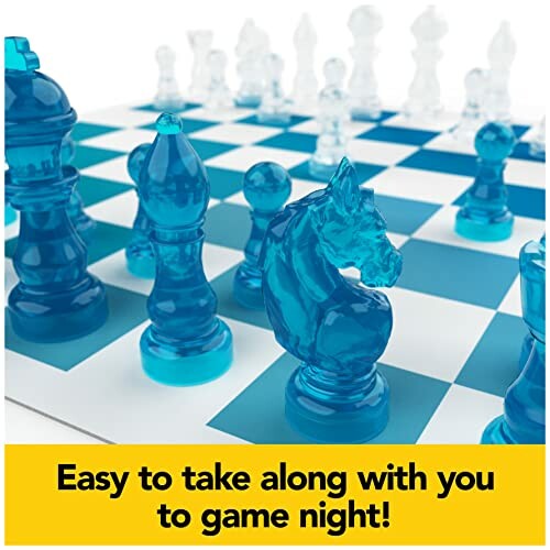 Blue transparent chess set with text 'Easy to take along with you to game night!'