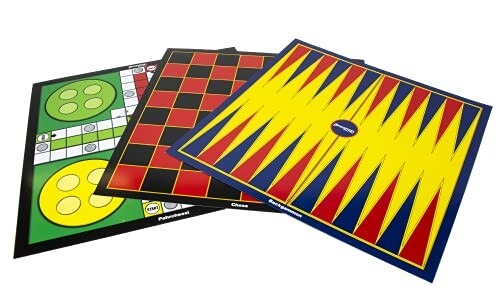 Three board game mats including checkers, backgammon, and Ludo.