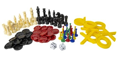 Assorted board game pieces including chess, checkers, and dice.