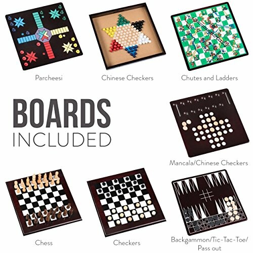 Collection of various board games including Parcheesi, Chinese Checkers, Chutes and Ladders, Chess, Checkers, Mancala, Tic-Tac-Toe, and Backgammon.