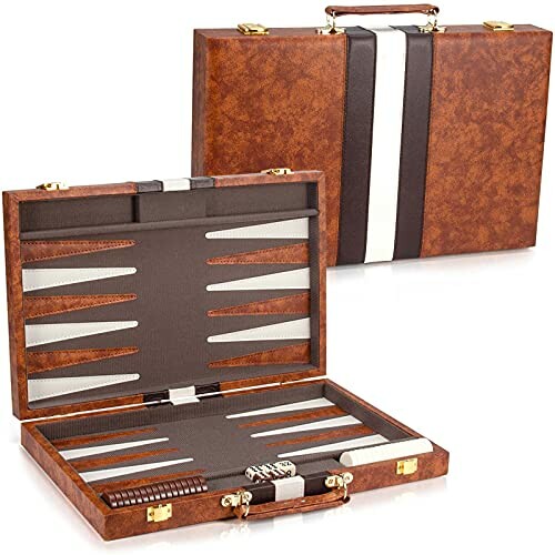 Brown leather backgammon set case with open and closed views.