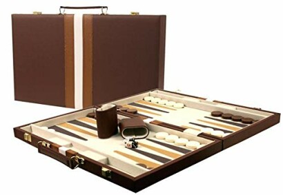 Open brown backgammon set with pieces and dice.