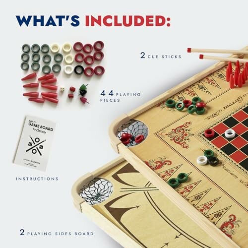 Carrom board game set with cue sticks and playing pieces.