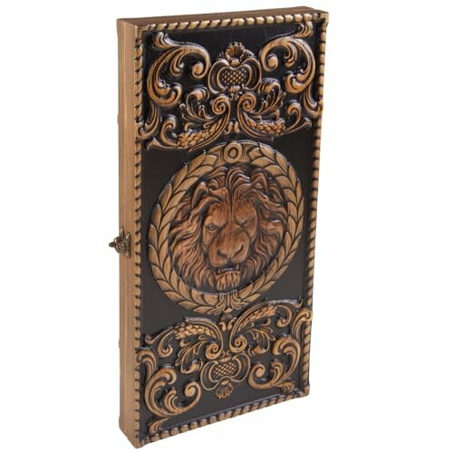 Intricately carved wooden box with lion design