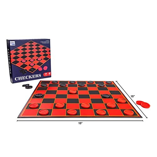 Checkers board game set with pieces and box.