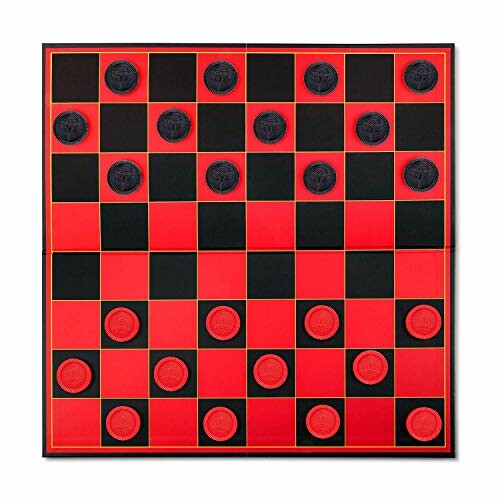 Checkerboard with red and black pieces set up for a game.