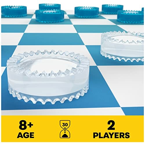 Close-up of a checkers game board with clear and blue pieces, suitable for ages 8 and up, 2 players.