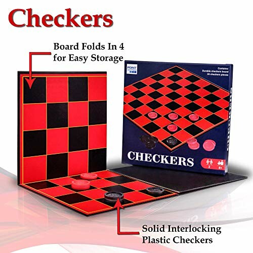 Checkers game set with foldable board and plastic pieces.