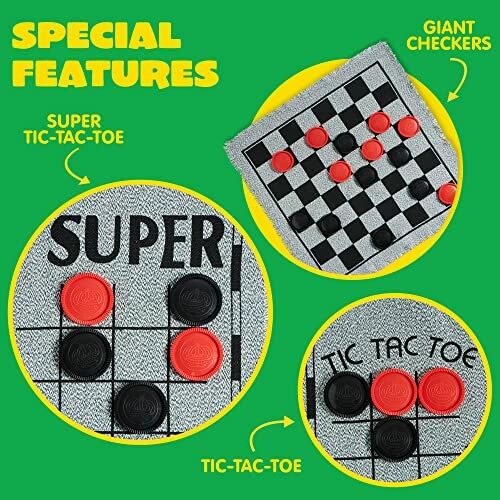 Game board showing special features: giant checkers, super tic-tac-toe, and tic-tac-toe.