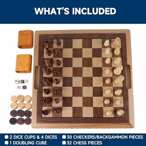 Chess and backgammon set with pieces and dice included.