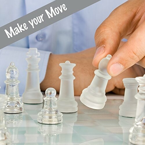 Hand moving chess piece on glass board with 'Make your Move' text.