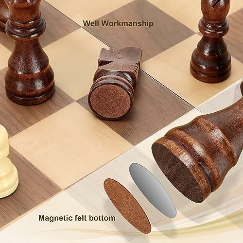 Chess pieces with magnetic felt bottom on a board.