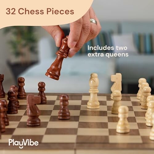 Hand moving chess piece with extra queens on board.