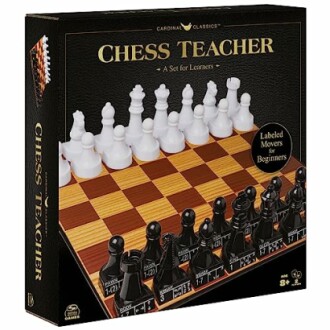 Chess Teacher board game for beginners with labeled pieces.