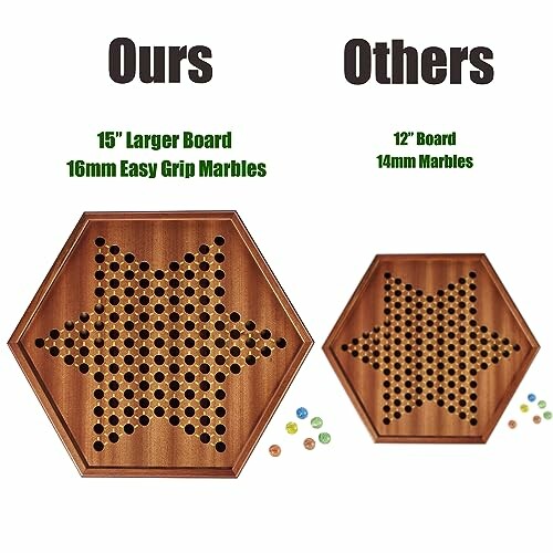 Comparison of two Chinese checkers boards, one 15-inch with larger marbles, and the other 12-inch with smaller marbles.