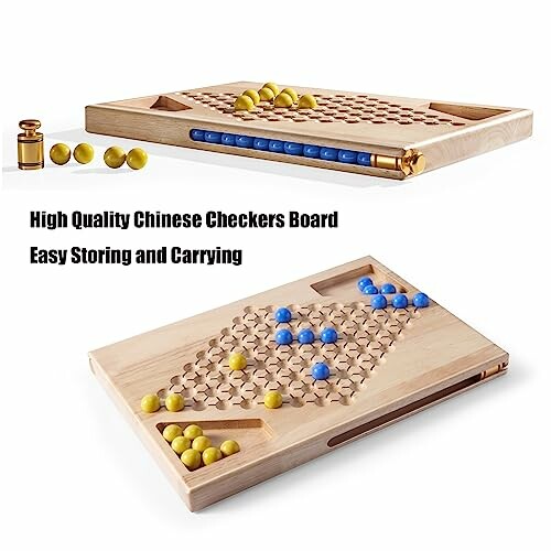 Wooden Chinese checkers board with yellow and blue marbles, easy to store and carry.