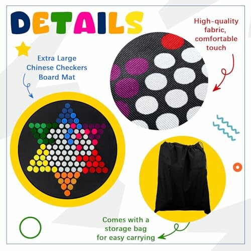 Details of an extra large Chinese Checkers board mat with colorful patterns and a storage bag.