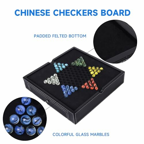 Chinese checkers board with colorful glass marbles and padded felted bottom.