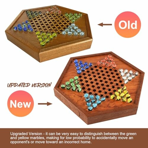 Comparison of old and new Chinese checkers boards with colored marbles.