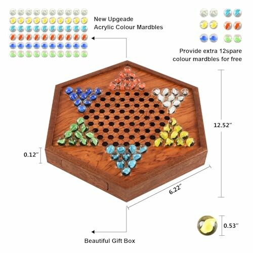 Chinese checkers game set with colorful acrylic marbles and wooden board.