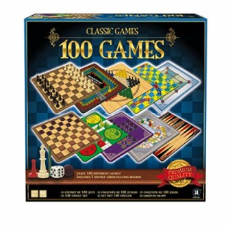 Box of classic board games with 100 different games included.