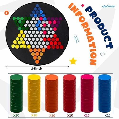 Colorful game board set with circular pieces in various colors.