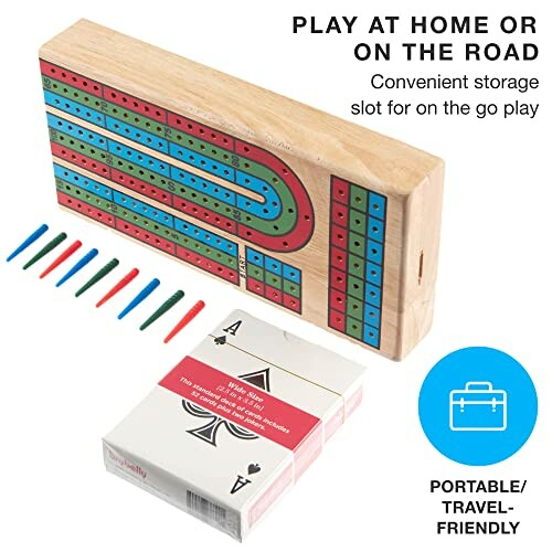 Portable cribbage board with cards and pegs for travel.